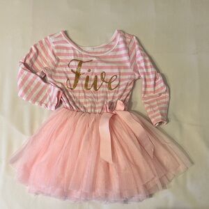 5th birthday Pink Striped Tutu Dress with Gold 'Five'